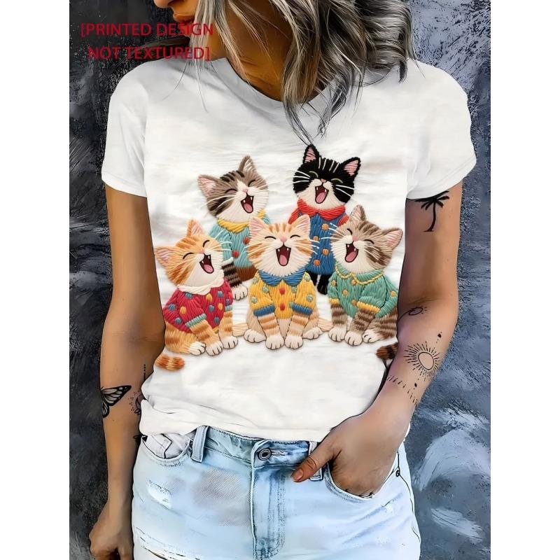 Funny Cat Pattern Women's T-Shirt Cute Animal 3D Print T-Shirts Summer Fashion Casual Street Tees Short Sleeves Round Neck Tops