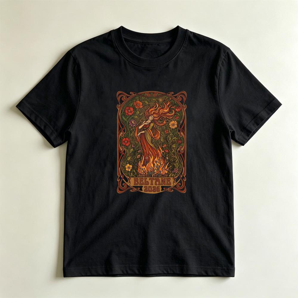 Vintage Art Nouveau Beltane TShirt Pagan Fire Festival Goddess Graphic Tee Witchy Floral Nature Inspired Casual Unisex Shirt
