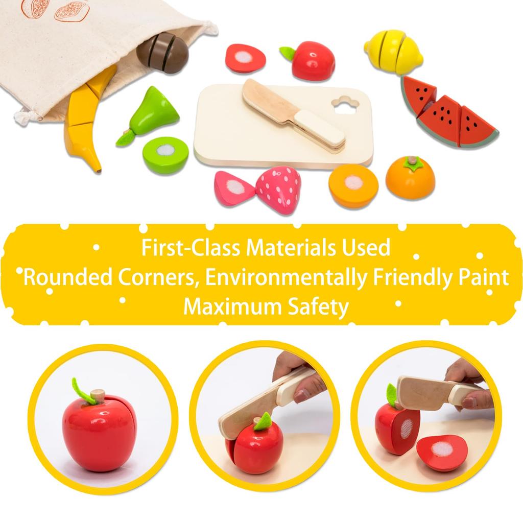 UMU Fruit Cutting Toy Wooden Montessori Educational Wooden Toy Fruit Candy Food Storage Bag Miniature Food Birthday Gift for Boys and Girls Ages 6