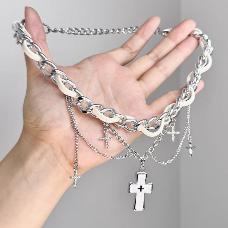 Y2K Gothic Chic Cross Pendant Tassel Choker Necklace Women Alloy Locket Chain Sweet Punk Style