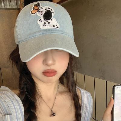 Cute Spotted Puppy Cowboy Duckball Cap for Women In Spring and Summer Large Brim Showing Face Small Outdoor Sun Protection Baseball Cap