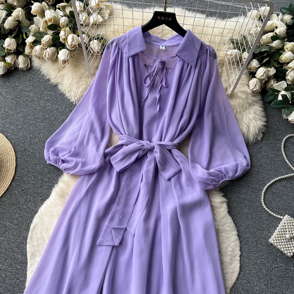 Francouzské šik Maxi šaty pro ženy Sklopný límec Lucerna Rukáv Šněrovací Dámské letní šaty Dámské Vestidos Dropship