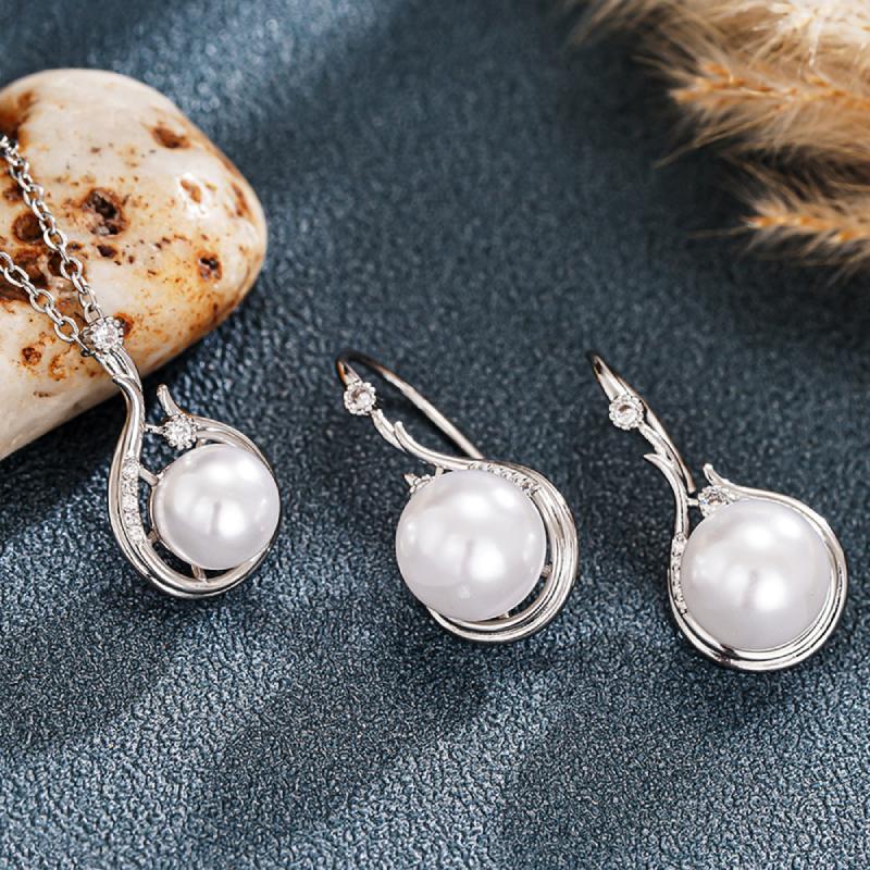 Huitan Aesthetic Imitation Pearl Pendant Necklace Earrings for Women Wedding Bridal Engagement Elegant Fresh Jewelry Set GiftGood Product