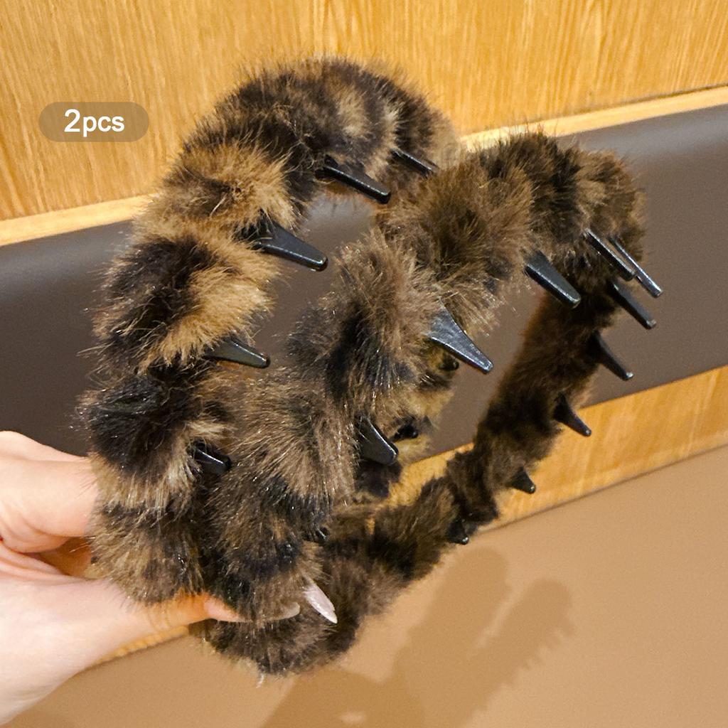 2 Leopard Print Plush Long Toothed Headband Hair Accessories for Daily Use