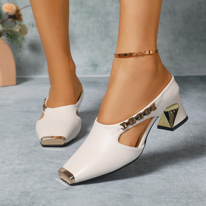 Fashion Special Heel Metal Wrapped Slippers Autumn New Square Toe Shallow Mouth Cutout Metal Chain Non-slip High Heels