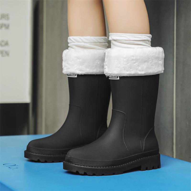 Medium tube rain shoes women's non-slip water shoes fashion water boots thick-soled rain boots fleece work rubber shoes