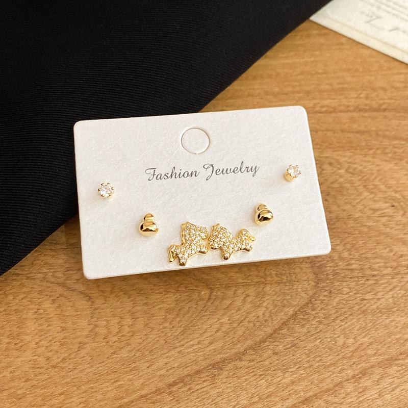 Silver Needle Zircon Gourd Pony Stud Earrings Set Natal Year Daily Versatile Temperament Earrings Light Luxury High-end Earrings