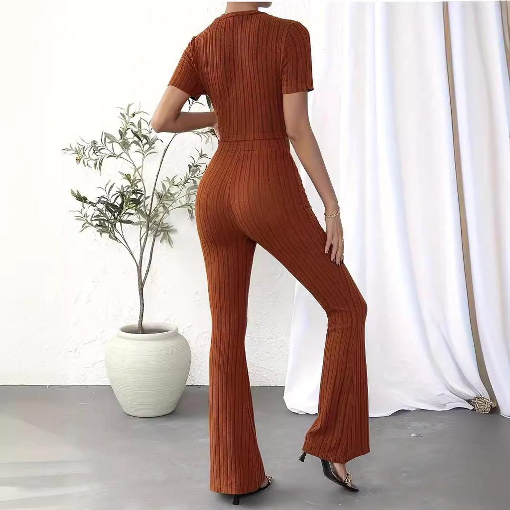 Women's Crew Neck Two Piece Knitting Set Short Sleeve Sweater Top Wide Leg Pants Lounge Sets Ribbed Knitted Casual Outfit for Spring Autumn