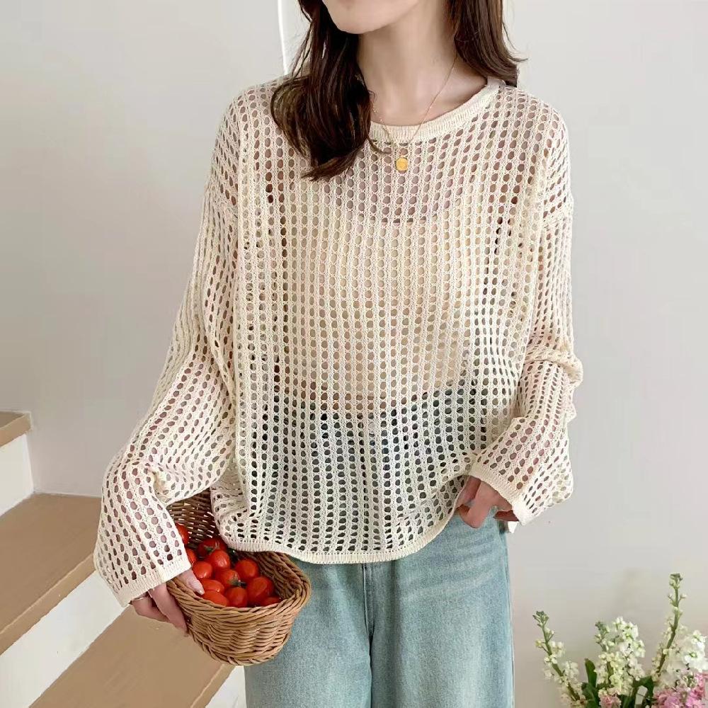 

Американская Spice Girl свободный трикотажный свитер с длинным рукавом женский ранняя весна однотонный ленивый повседневный полый сетчатый блузочный топ прилив Average size 54-221 абрикосовый