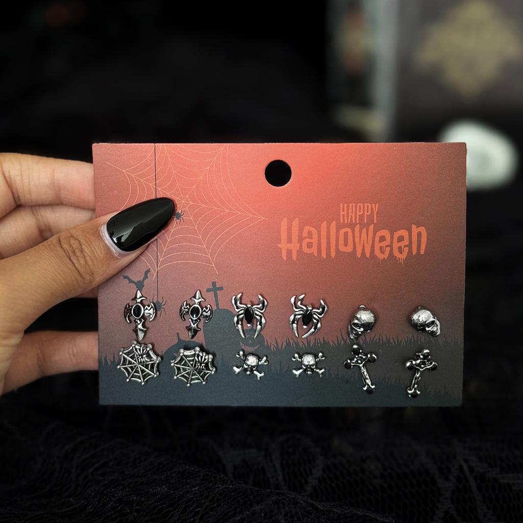 Salircon 6Pair/Set Gothic Skull Spider Web Cross Metal Pendant Earrings Women Punk Piercing Earring Party Jewelry Halloween Gift