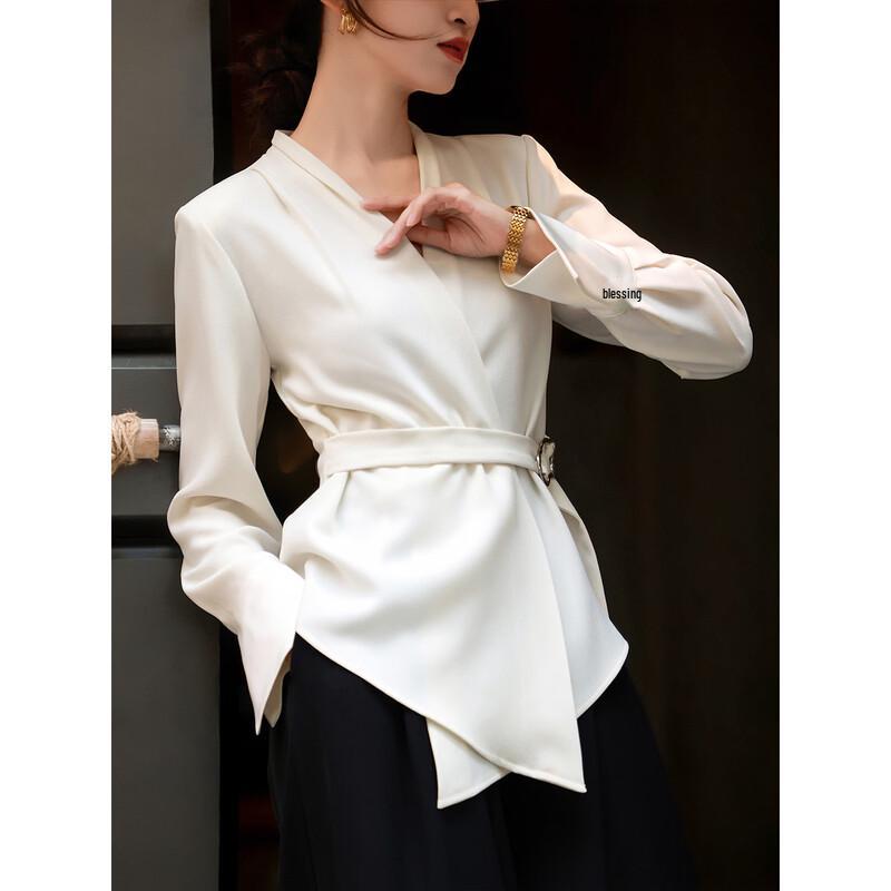 Women's V-neck Long Sleeve Tie-Waist Commuter Shirt