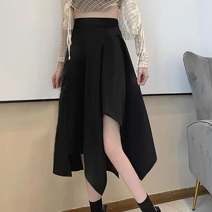 Spring and summer irregular skirt large size belly cover legs summer high waist black medium long skirt fat mm Spice girl thin a word skirt