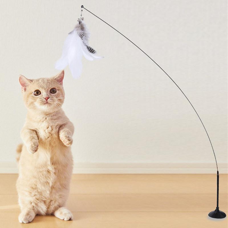 Cat Toys Interactive Cat Toy Steel Wire Feather Toys for Cats Stick Suction Cup Feather Cats Toy with Bell Teaser Pet Products