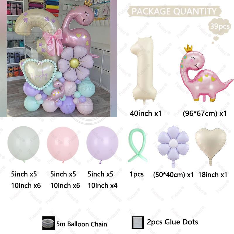 39pcs Crown Dinosaur Balloon Pink Number Birthday Balloon Set Macaron Balloon Festive Party Decoration Children s Surprise Gift 40inch