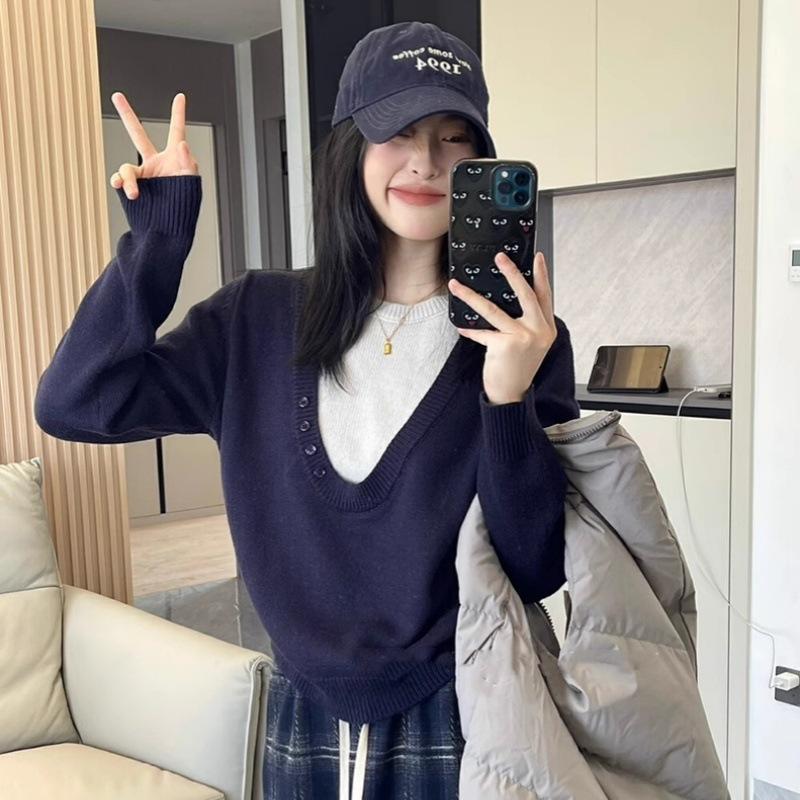 2025 A/W Wool Knitwear: Chic Women's Faux Two-Piece Sweater