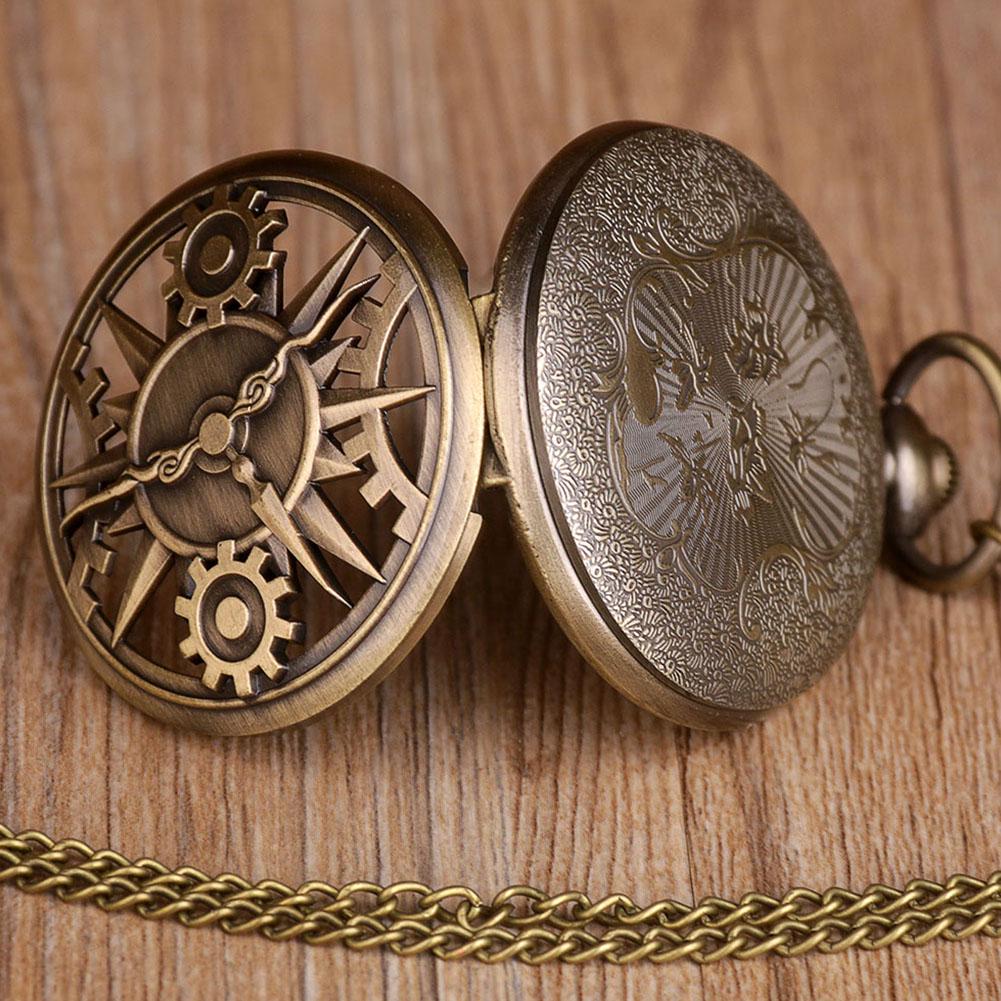 Exquisite Retro Bronze Steampunk Hollow Gear Design Quartz Pocket Watch with Necklace Chain Leisure Pendant Gift Men's Clock