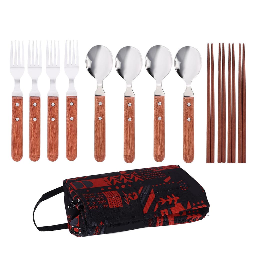 12 Pcs Stainless Steel Wooden Handle Tableware Set Outdoor 4 Person Spoons Forks Chopsticks Set for