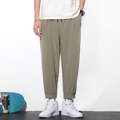 Mens Summer Plus Size Thin Breathable Ice Silk Pants Loose Sports Casual Nine Minute Pants