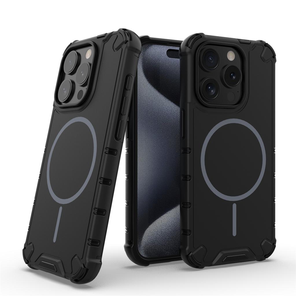 For iPhone 15 Pro Max Magnetic Case Corrugated Texture Heat Dissipation Shockproof TPU+PC Phone Back Cover