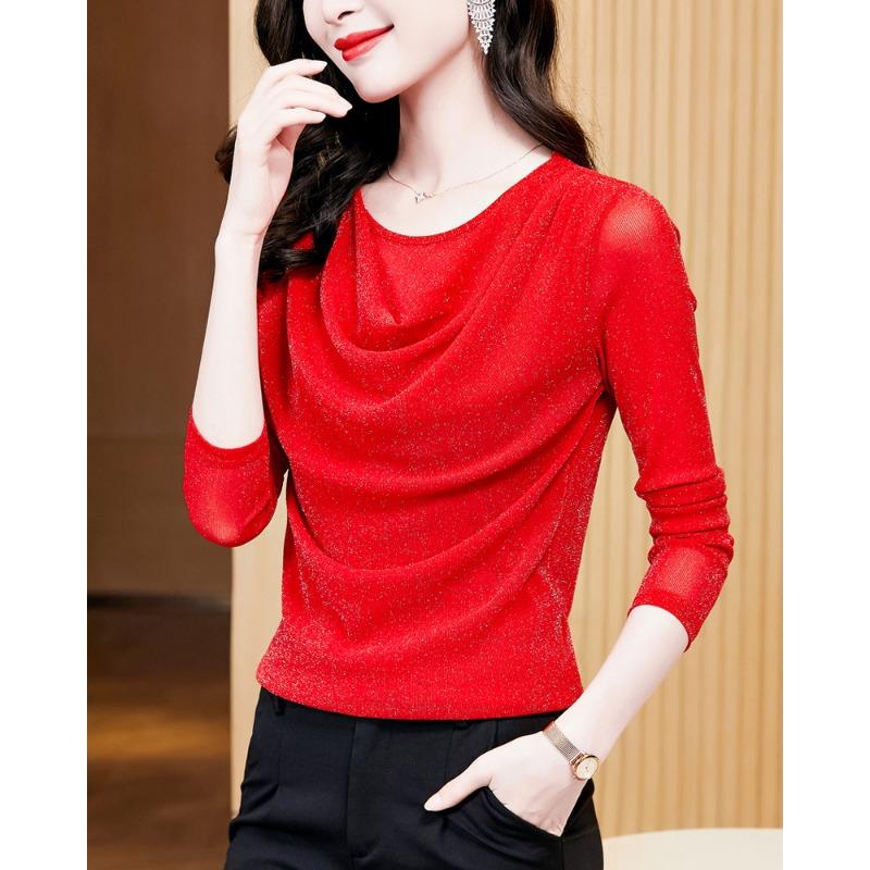 Round Neck Bright Silk Long Sleeve Pullover T-shirt for Women In Autumn New Style Celebrity Top Fashionable Base Shirt