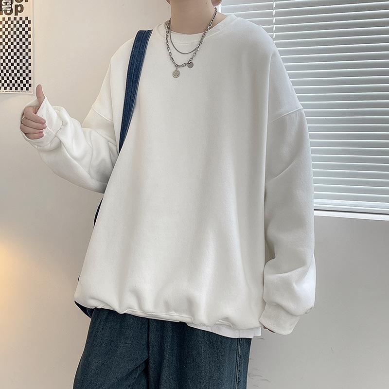 Men's Sweatshirt Spring and Autumn Loose Casual Chinese Cotton Round Neck Sweatshirt Men's Pullover Long-sleeved Solid Color Bottoming Shirt