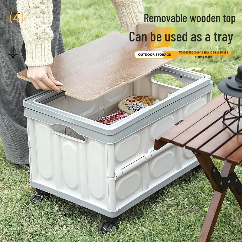 Składany pojemnik do przechowywania do bagażnika samochodowego z drewnianą pokrywką na kemping i piknik