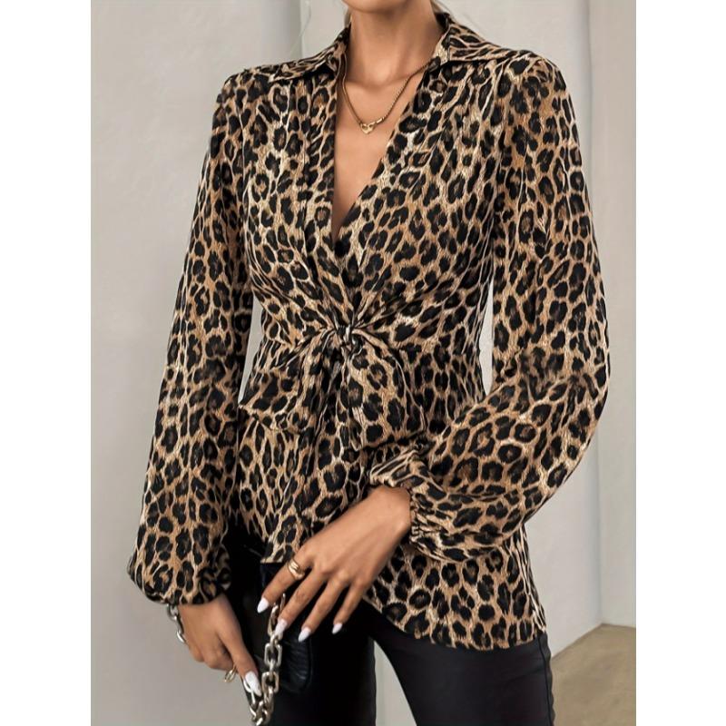 Elegant V-neck Leopard Print Bow Tie Lace Up Blouse Spring Autumn Women Basic Long Sleeved Shirt Simple Slim Fit Female Office New Casual Tops