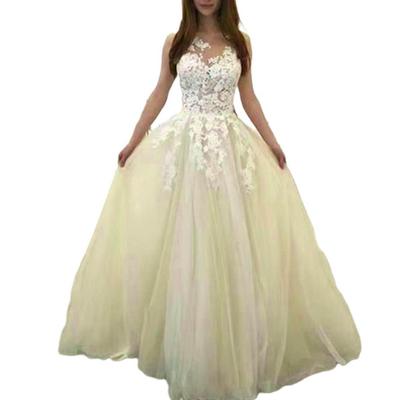 Women Evening Dress Flower Applique A-line Big Swing Princess Style Sleevless Backless Round Neck Lace Mesh Patchwork Wedding Party Maxi
