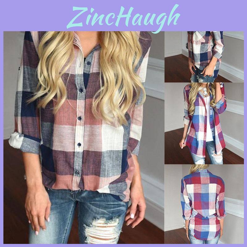 Women Long Sleeve Plaid Linen Shirt With Turndown Collar For Casual Office Wear