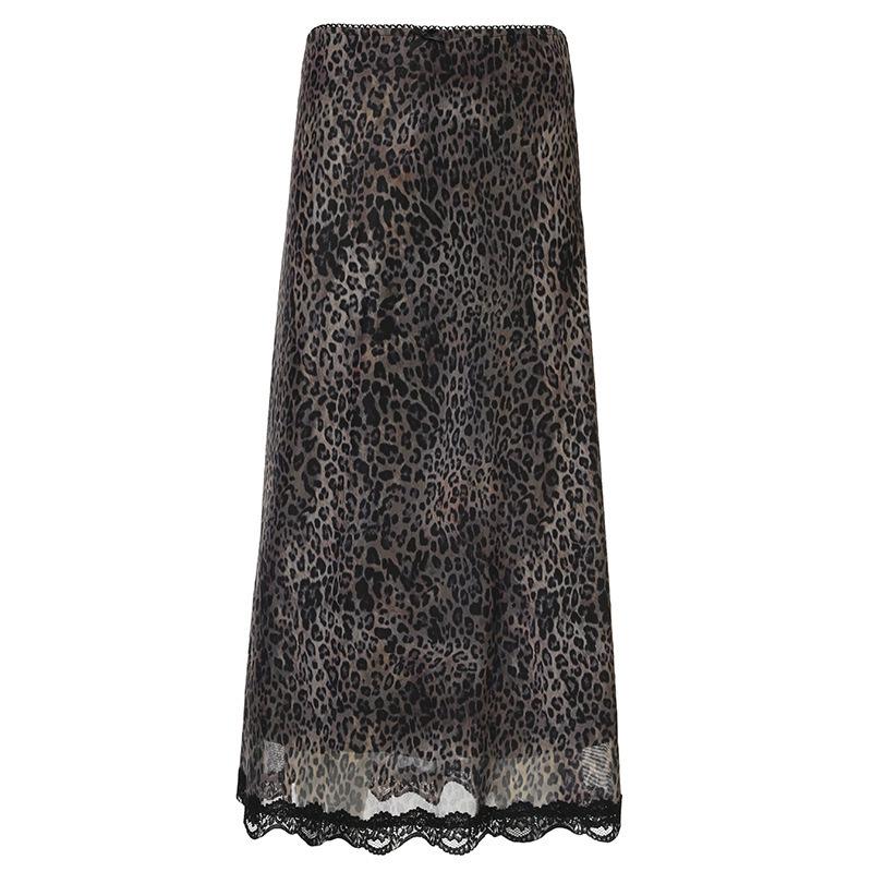 

American Retro Leopard Print High-Waisted Lace Patchwork Mid-Length Skirt for Women - Elegant & Slimming Autumn Fashion. Small коричневый