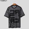 INCERUN Men Summer O Neck Short Sleeve Letter Print Mesh Sheer T-Shirts Transparent Tops