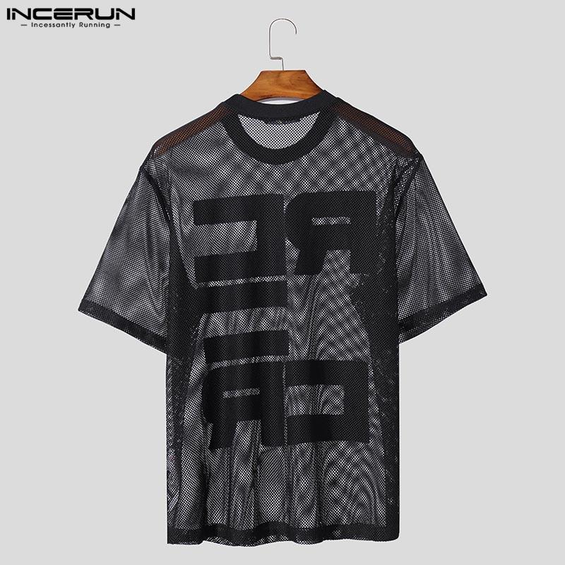 INCERUN Men Summer O Neck Short Sleeve Letter Print Mesh Sheer T-Shirts Transparent Tops