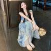 Seaside Vacation Style Printed Small Flying Sleeves Suspender Dress Women's 2026 Summer New Waist Irregular Fairy Dress