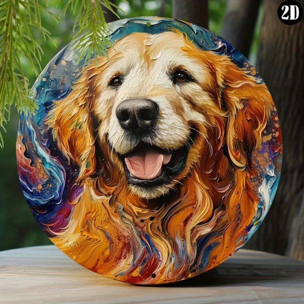 Golden Retriever Dog Wreath Tin Sign Aluminum Round Wall Decor for Mothers Day Pet Gift