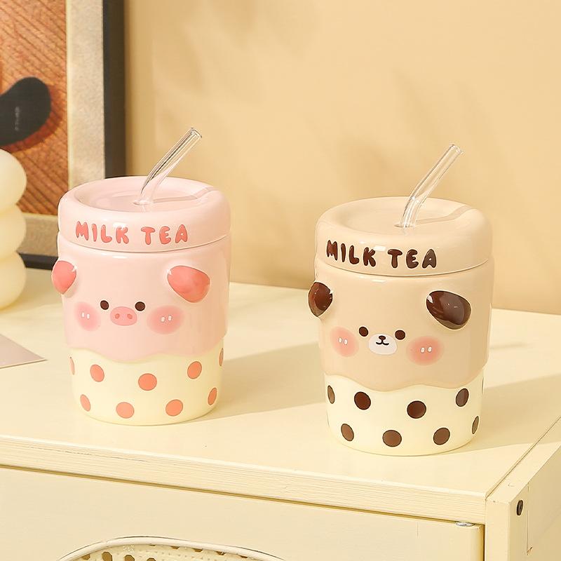 Kreativer Cartoon Milchshake Keramikbecher mit Deckel, Pärchenbecher, Haus- und Bürokaffee-Frühstücksbecher Geschenk