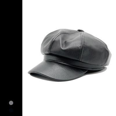 New Solid Color PU Leather Octagonal Hat Retro Gentleman Style Beret Versatile