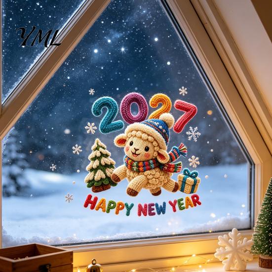 Festive Glass Window Clings Chinese New Year Stickers, 2027 Goat Static Clings, Reusable Cartoon Lamb Art Crochet Knit Decals, Decor for Home