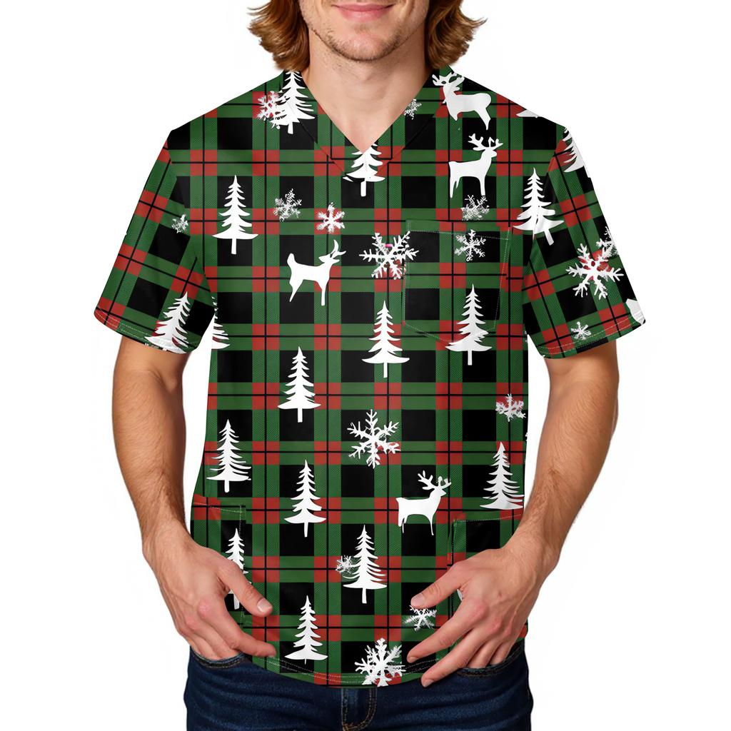 Men's Printing Short Sleeve V-neck Working Blouse Chest Pocket Carer Top
