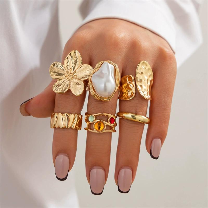 6pcs Ingemark  Irregular Exaggerated Metal Flower Open Rings Women Elegant Baroque Imitation Ring Jewelry Accessories