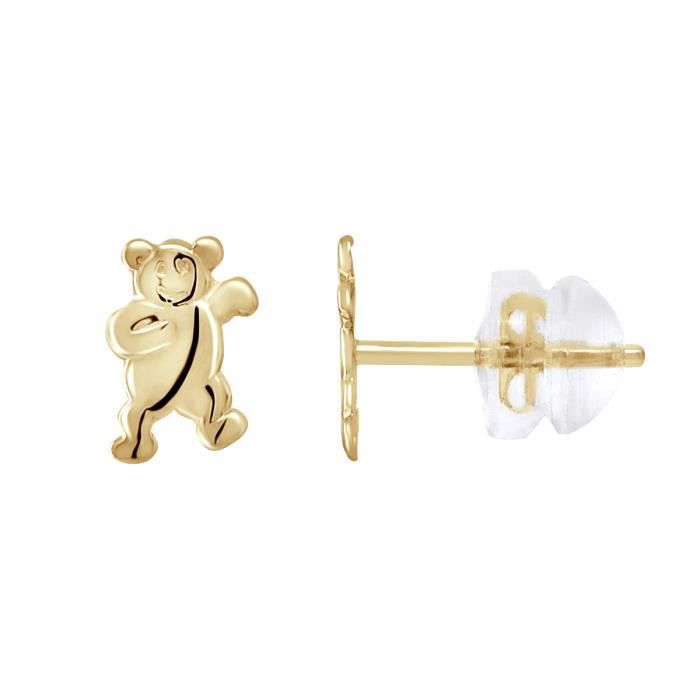 LÉA & ARTHUR - Boucles d'Oreilles Enfants Motifs NOUNOURS Or Jaune 375 Millièmes - Système Poussettes SILICONOR - Bijou Enfant