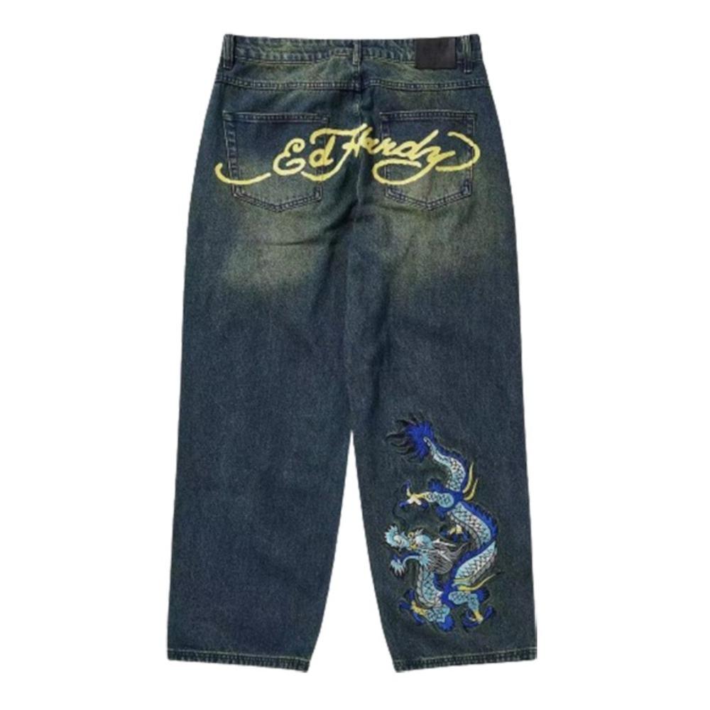 RogueWave European and American Retro High Street Hip-hop Oldschool Skull Embroidery Loose Casual Stylish Jeans Trousers