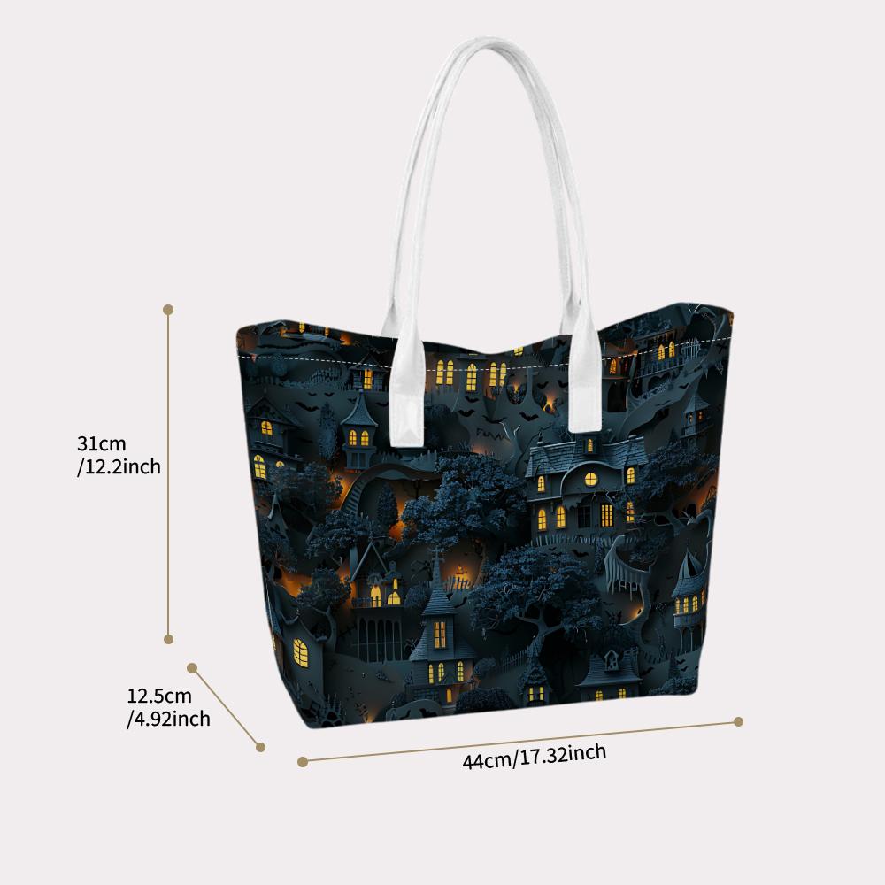 Halloween Themed Dark Spooky Castle Print Portable Tote Bag for Daily Commute Shopping Use