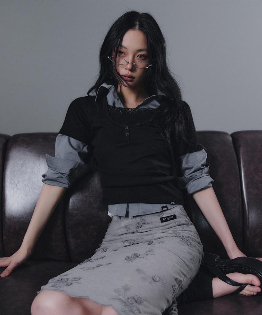 Geulouhaideu Dane Lace Button Short Sleeve T-Shirt_Black