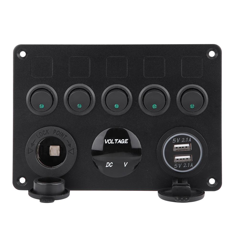 12-24V 5 Gang OnCelsiusOff Toggle   Panel Dual USB Voltmeter for Car Boat Marine Truck Green LED