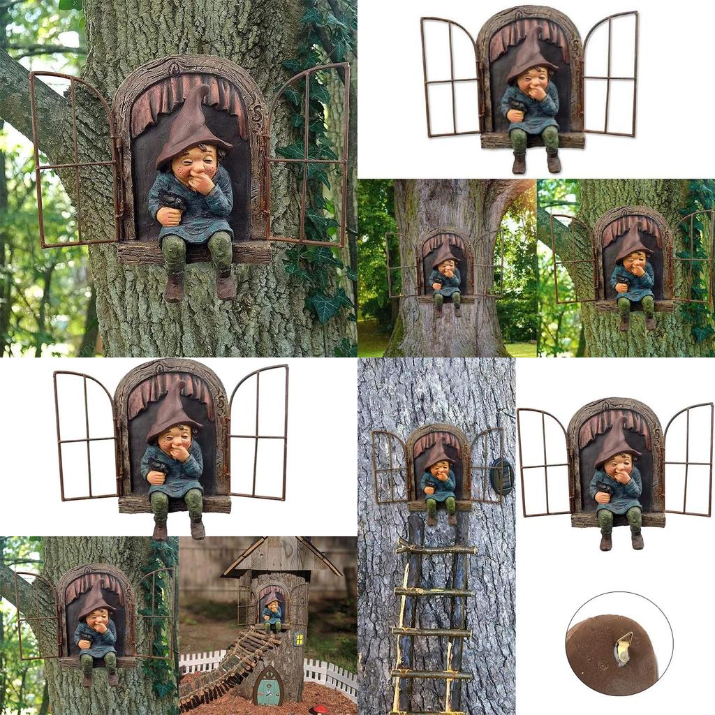 Lifelike Elf Out The Door Naughty Gnome Garden Sculpture Tree Hugger Outdoor Yard Ornament