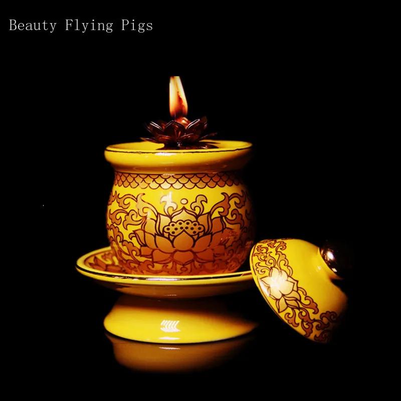Traditional Buddha Lotus Oil Lamp Buddha Hall Ceramic Butter Lamp Home Feng Shui Offering Ornaments Buddhist Decoration Supplies
