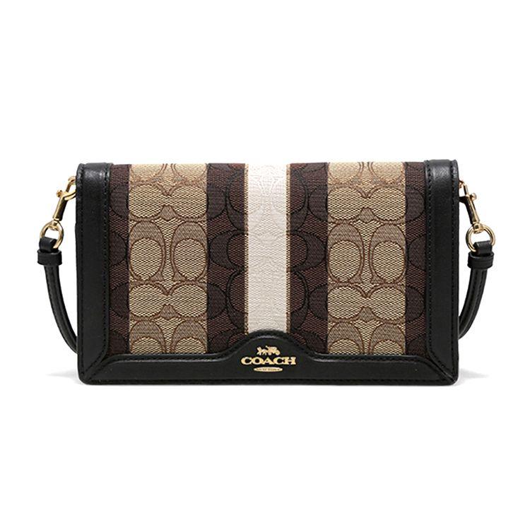 

Coach Anna 20 Classic Monogram Stripe Canvas And Leather Handbag Women handbag Khaki Brown Black C5884-IMLOV Basic Set (Bag+Dust Bag)