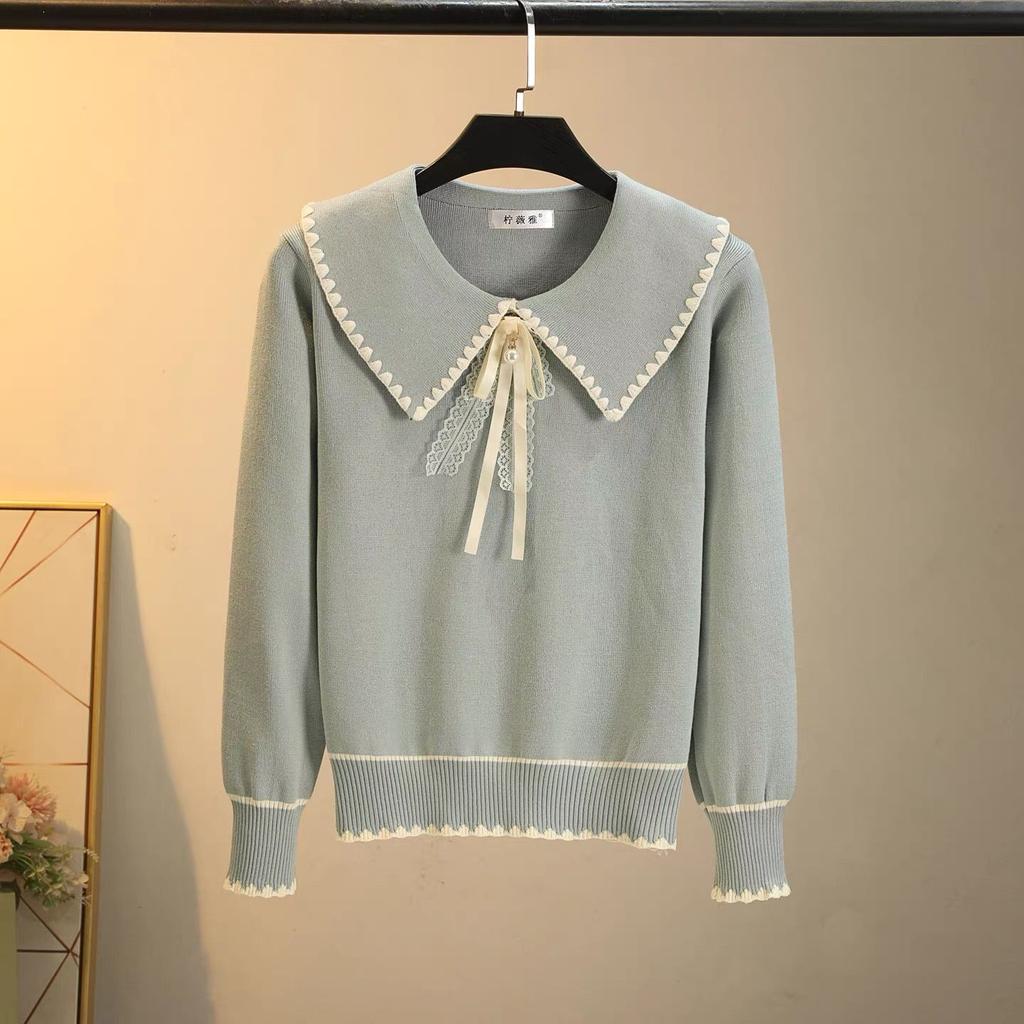Sweater Female Autumn and Winter Sweet Doll Collar Shows Thin All Tie Bowtie Long-sleeved Blouse
