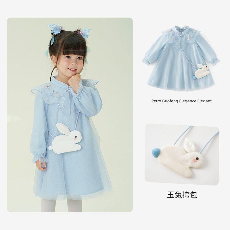Girls Autumn Clothing National Style New Chinese Style Cheongsam Dress Light Blue [Ready Stock] 110 cm