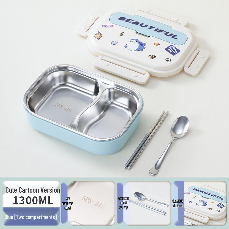 Boîte à lunch Bento pour enfants, à couvercle rabattable, en acier inoxydable 316, compatible micro-ondes, avec compartiments pour les aliments, à décorer soi-même et décorée de dessins animés.
